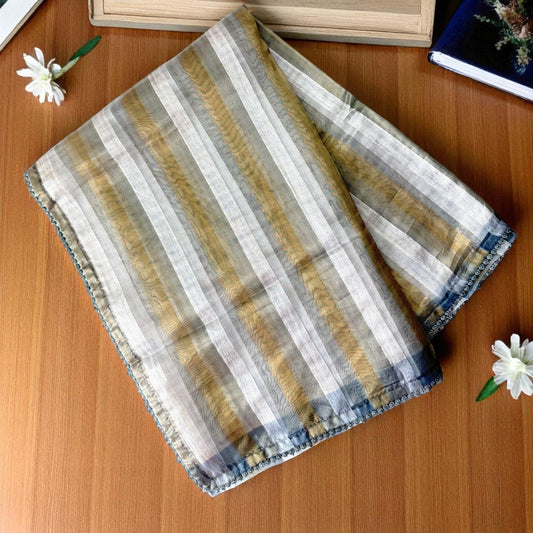 Elegant Grey Striped Organza Saree with Hand-Embroidered Floral Blouse (Copy)
