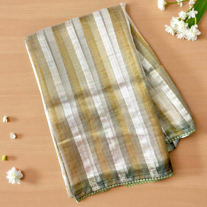 Elegant Pistachio Green Striped Organza Saree with Hand-Embroidered Floral Blouse