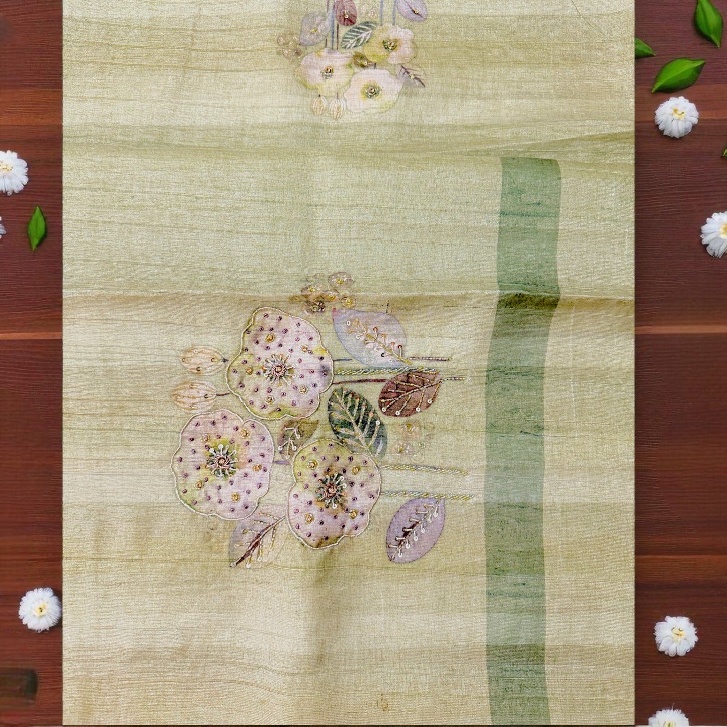 Elegant Pistachio Green Striped Organza Saree with Hand-Embroidered Floral Blouse