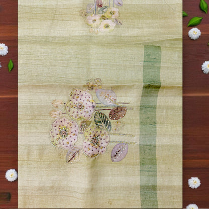 Elegant Pistachio Green Striped Organza Saree with Hand-Embroidered Floral Blouse