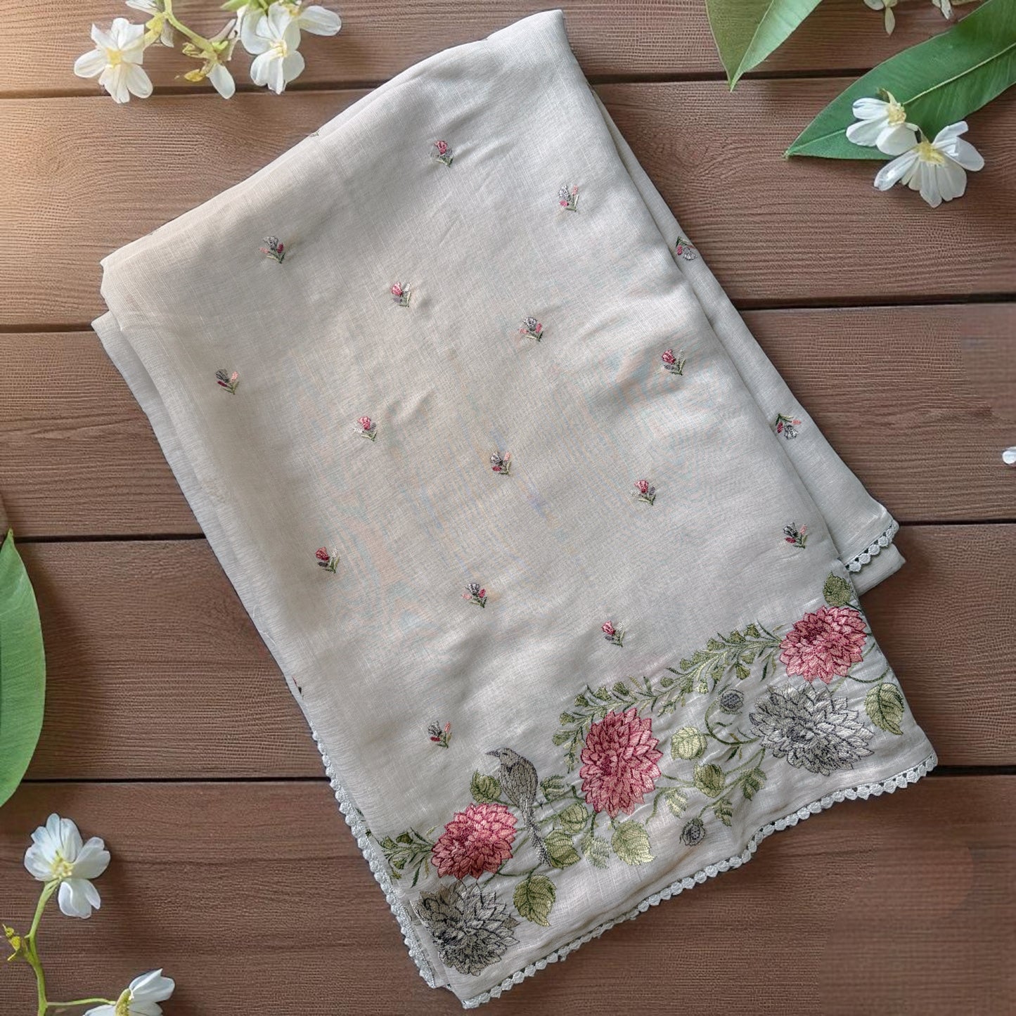 Soft Light Grey Cotton Saree with Delicate Embroidered