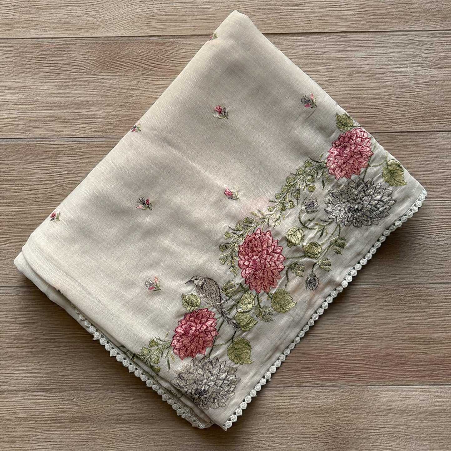 Soft Light Grey Cotton Saree with Delicate Embroidered