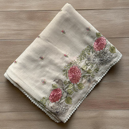 Soft Light Grey Cotton Saree with Delicate Embroidered