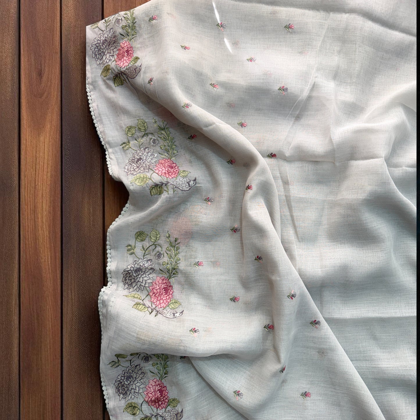 Soft Light Grey Cotton Saree with Delicate Embroidered