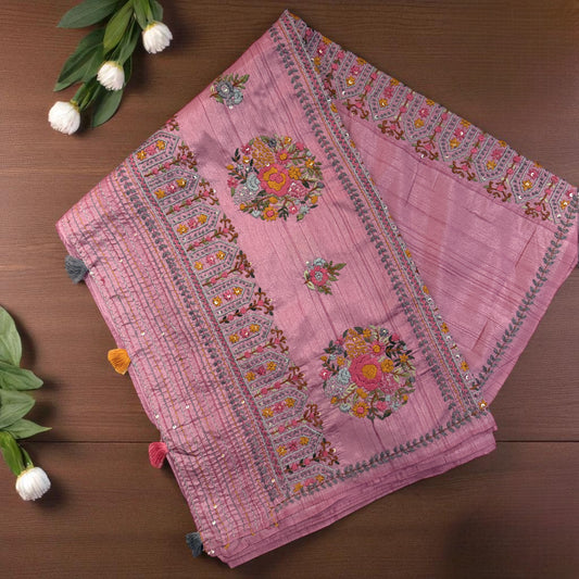 Blush Pink-Embroidered Tussar Saree