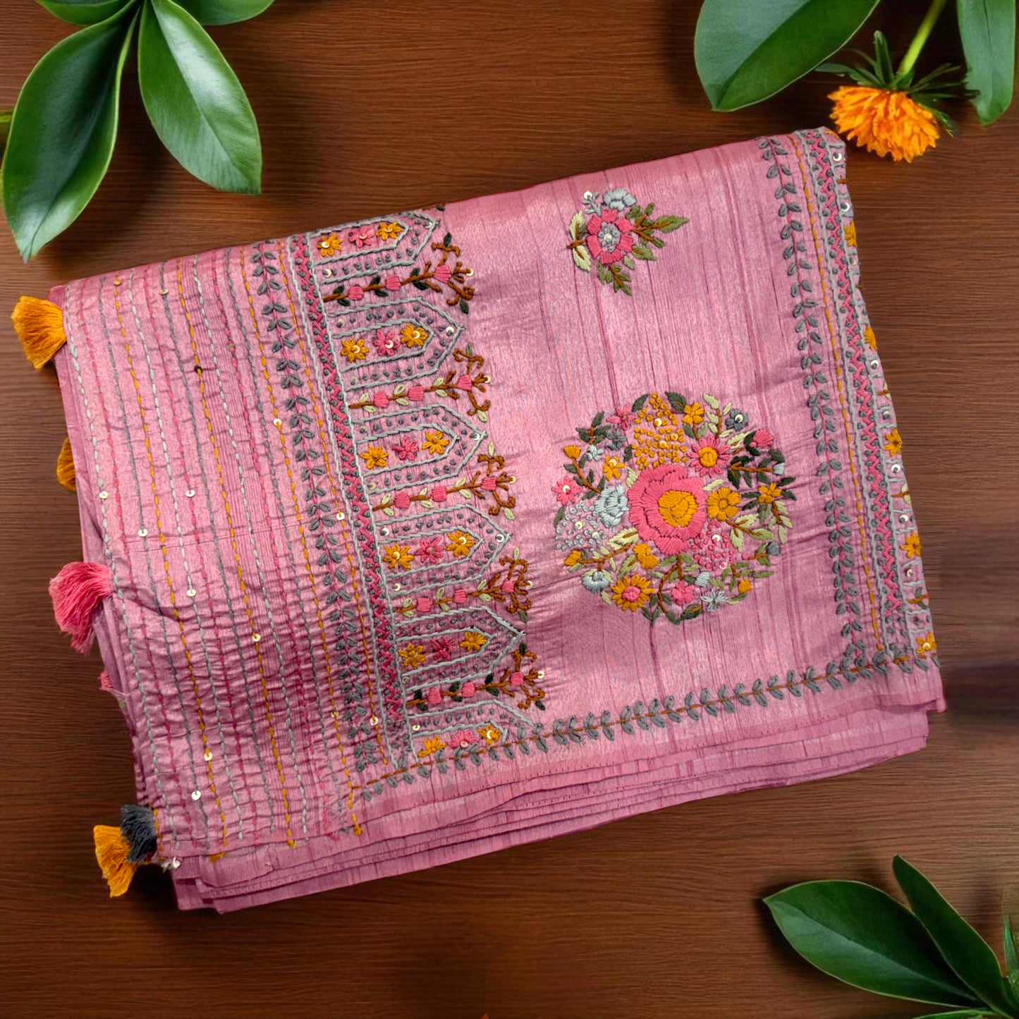 Blush Pink-Embroidered Tussar Saree