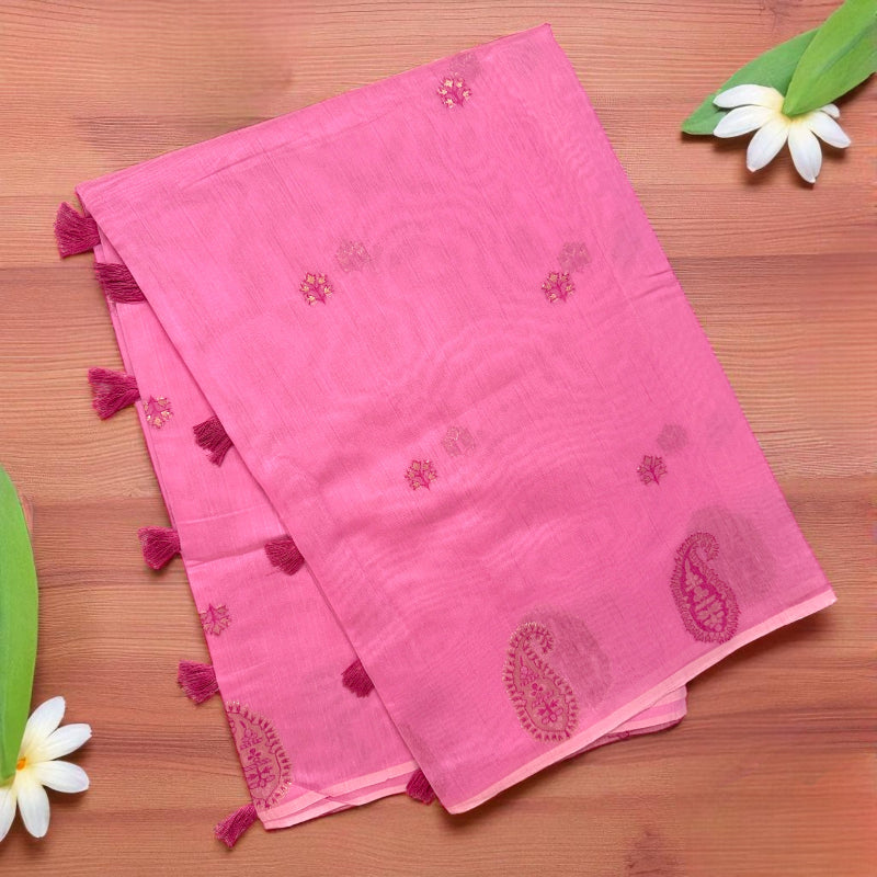 Blush Pink Cotton Saree with Rich Magenta Zari Border