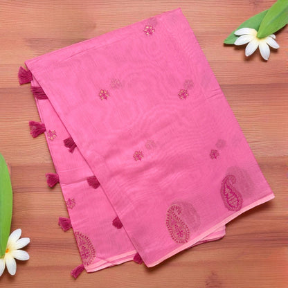 Blush Pink Cotton Saree with Rich Magenta Zari Border