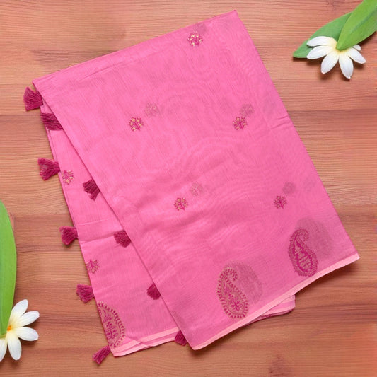 Blush Pink Cotton Saree with Rich Magenta Zari Border