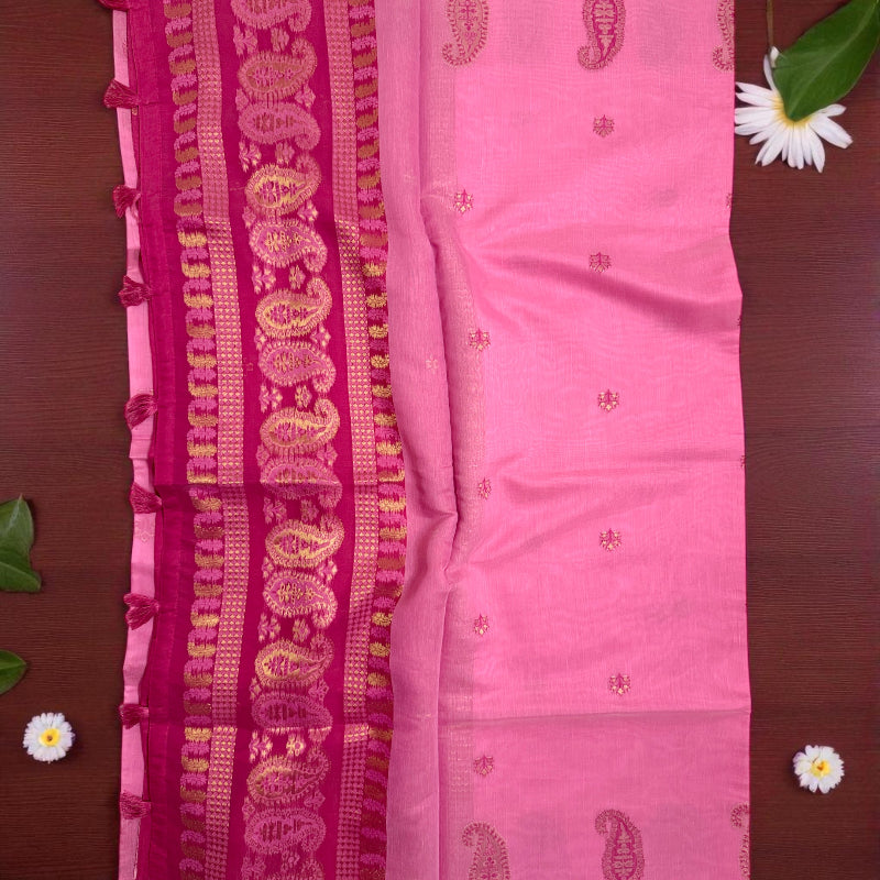 Blush Pink Cotton Saree with Rich Magenta Zari Border