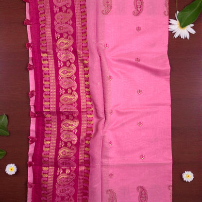 Blush Pink Cotton Saree with Rich Magenta Zari Border