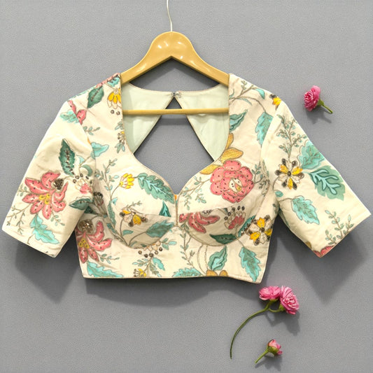 Ivory Floral Embroidered Blouse with Pastel Accents