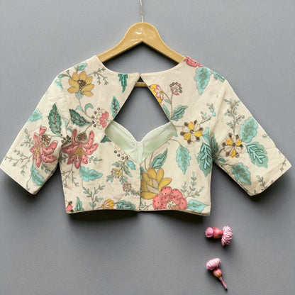 Ivory Floral Embroidered Blouse with Pastel Accents