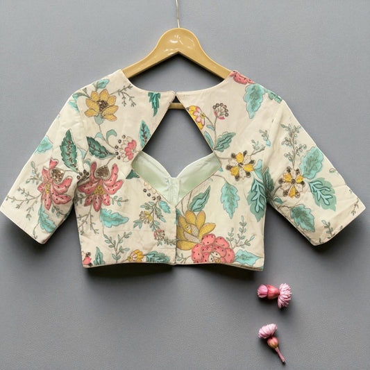 Ivory Floral Embroidered Blouse with Pastel Accents