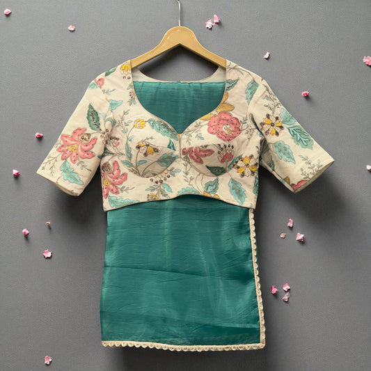 Emerald Green Organza Saree with Handcrafted Floral Blouse