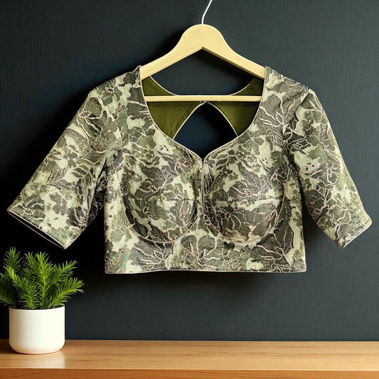 Olive Green Floral Crepe tissue Blouse