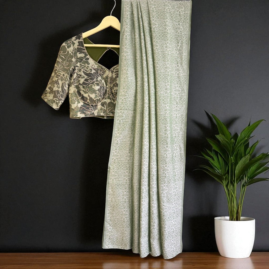 Olive Green Soft Silk with Floral crepe tissue Blouse| Saree Heritage