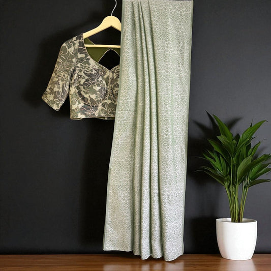 Olive Green Soft Silk with Floral crepe tissue Blouse| Saree Heritage