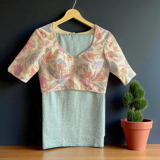 Sky Blue Soft Silk with Ivory Floral Embroidered Blouse