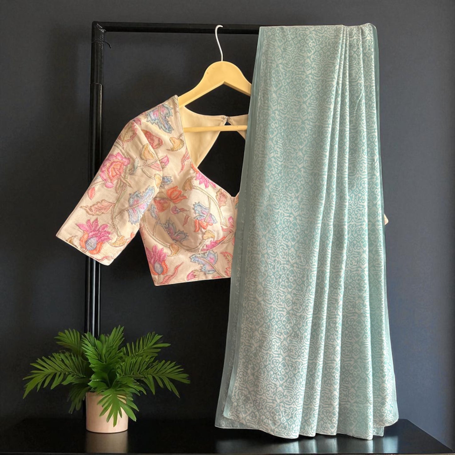 Sky Blue Soft Silk with Ivory Floral Embroidered Blouse