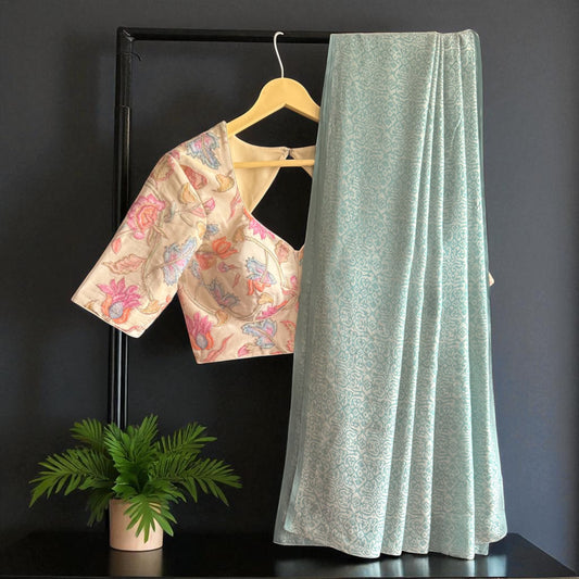 Sky Blue Soft Silk with Ivory Floral Embroidered Blouse