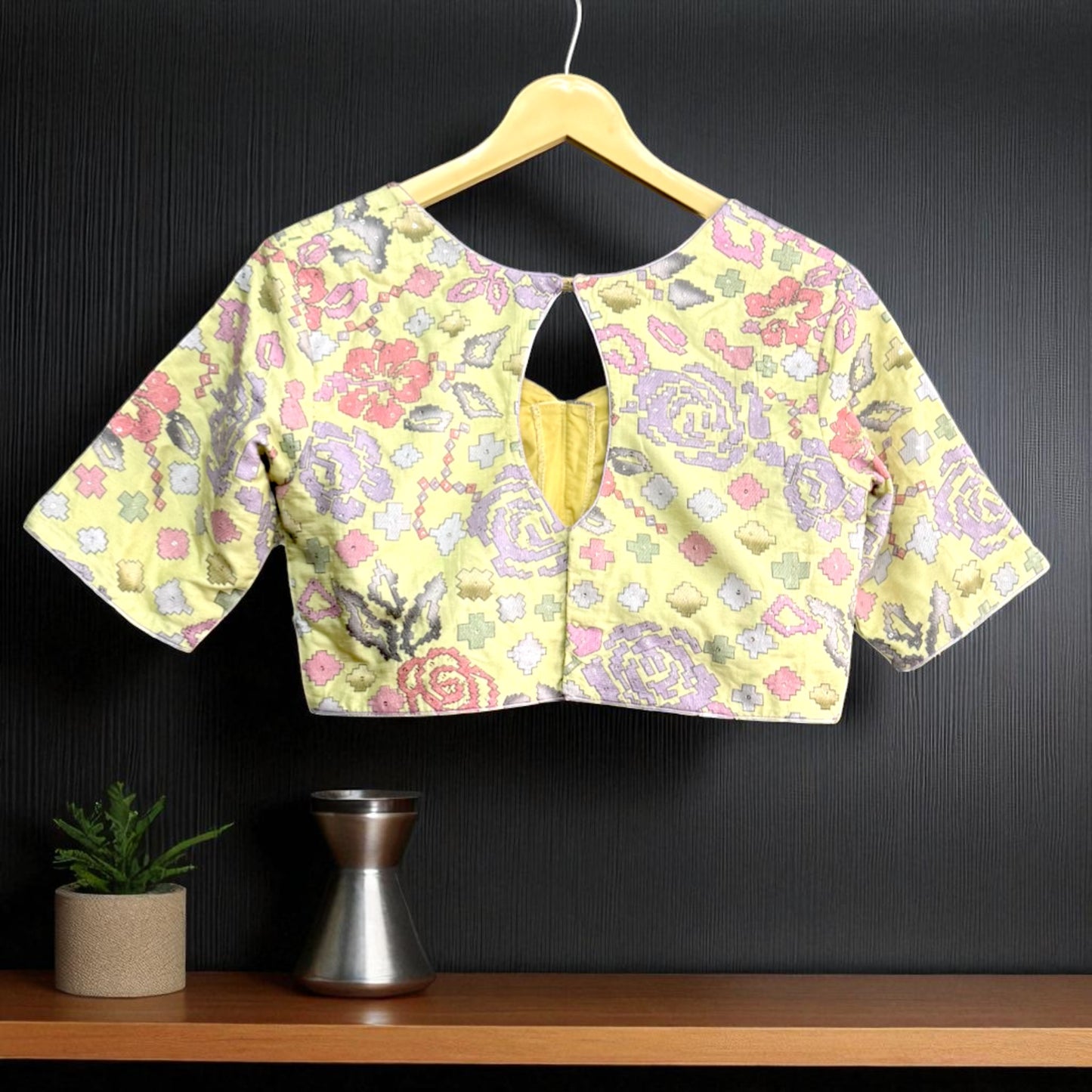 Pastel Yellow Geometric Floral Brocade Blouse