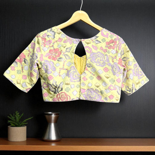 Pastel Yellow Geometric Floral Brocade Blouse