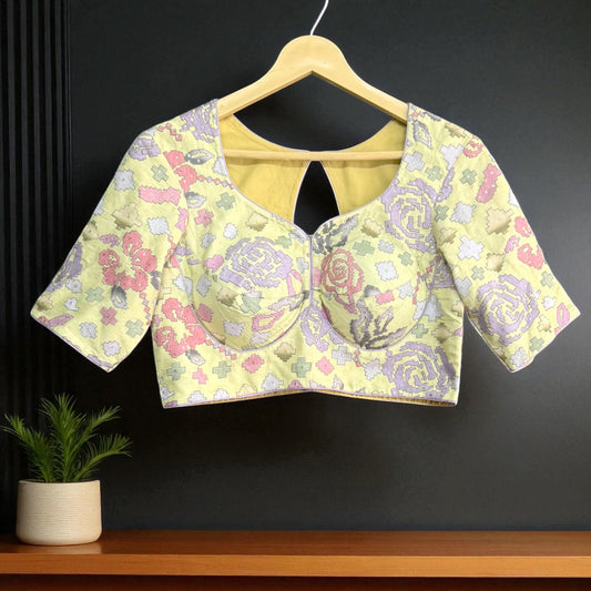 Pastel Yellow Geometric Floral Brocade Blouse