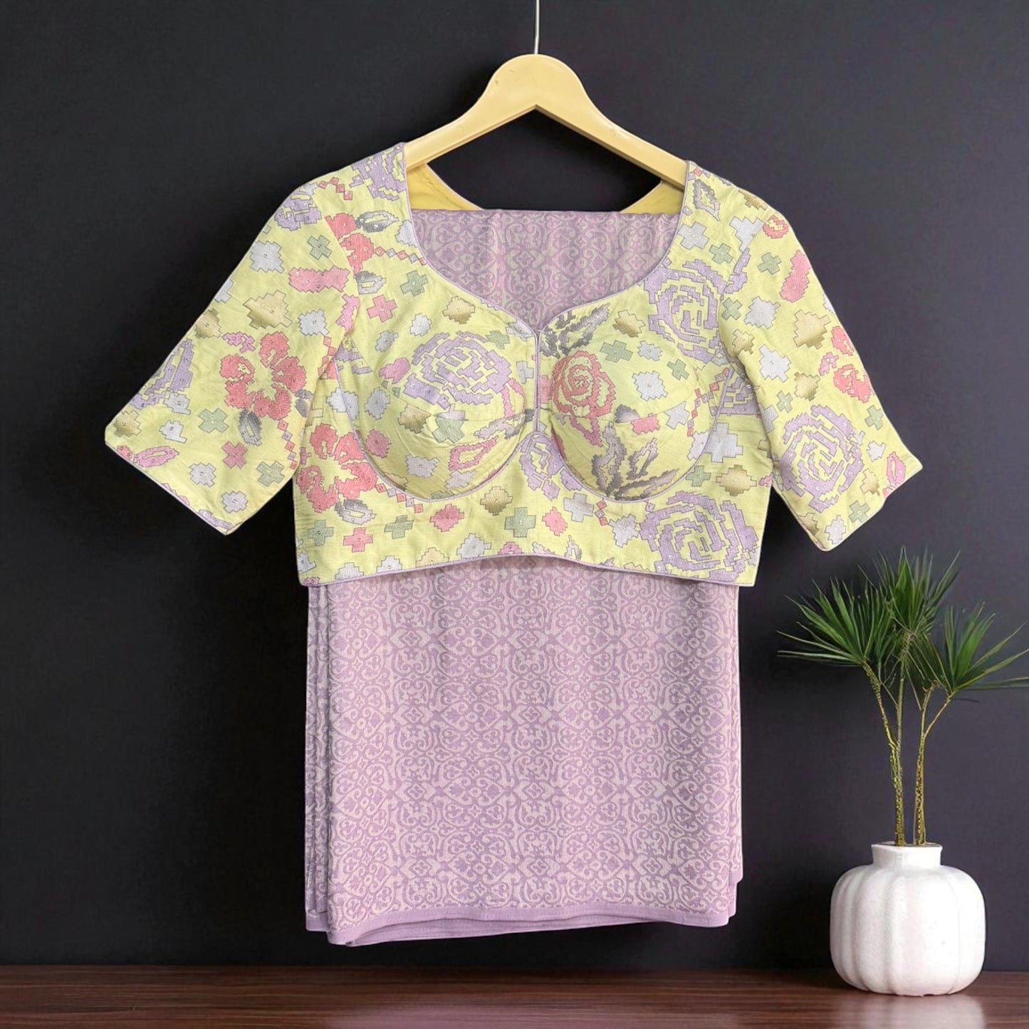 Lavender Soft Silk Saree with Lemon-Yellow Floral Blouse | Saree Heritage