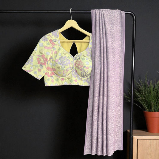 Lavender Soft Silk Saree with Lemon-Yellow Floral Blouse | Saree Heritage
