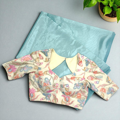 Aqua Blue Soft Silk Saree with Pastel embriodery Blouse