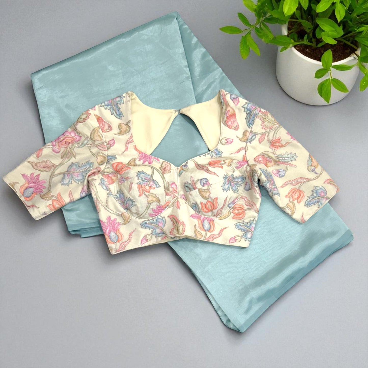 Aqua Blue Soft Silk Saree with Pastel embriodery Blouse