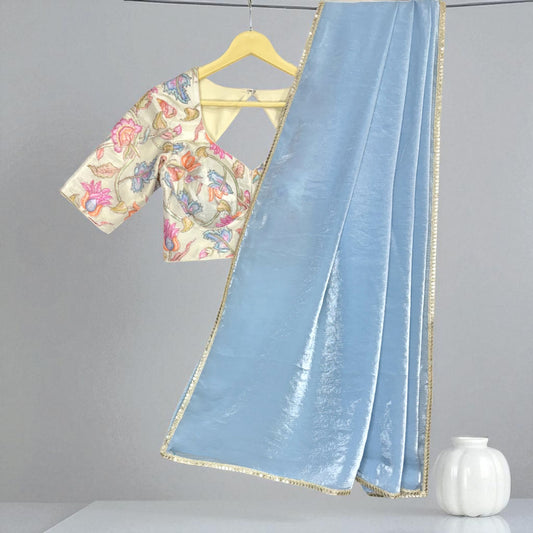 Powder Blue Shimmer Saree with Multicolor Embroidered Blouse