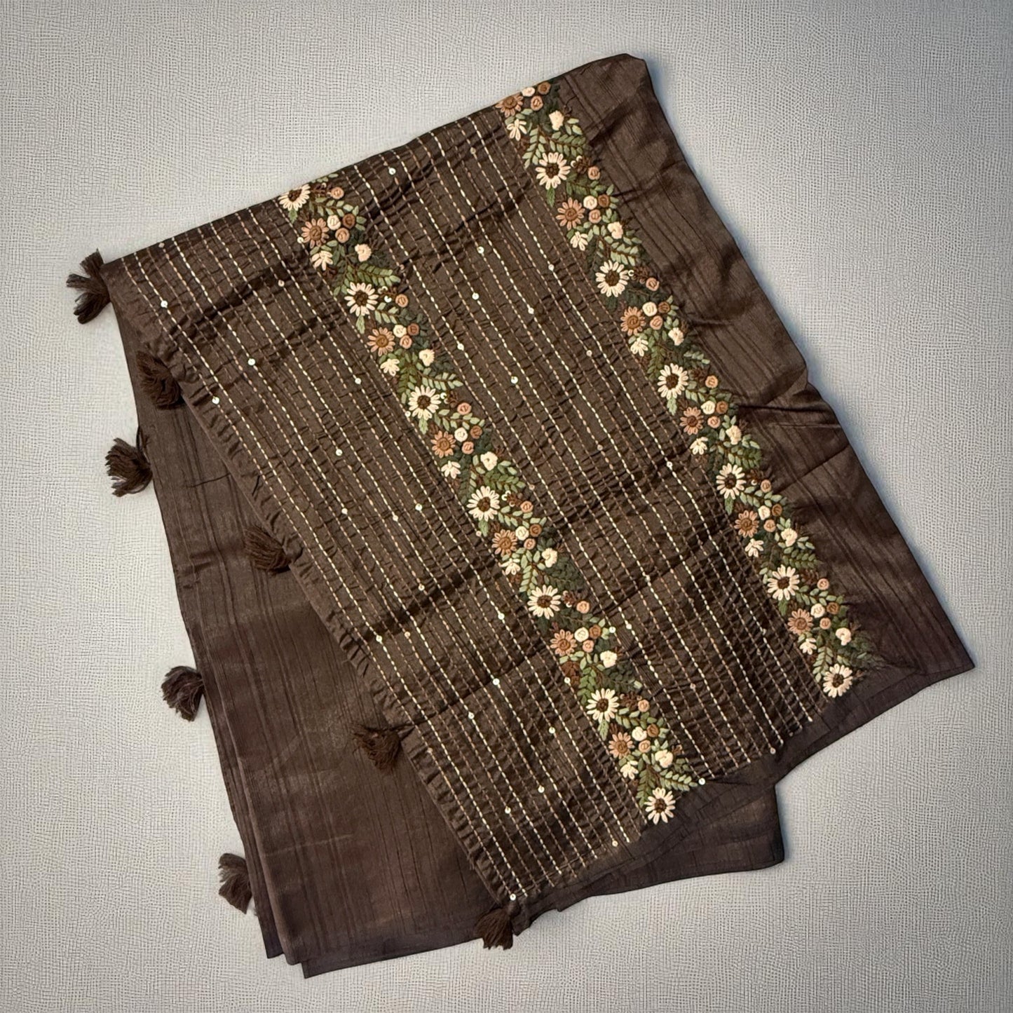 Snuff Brown Silk Saree with Floral Embroidery
