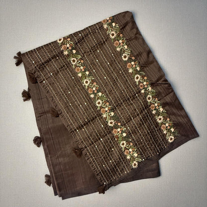 Snuff Brown Silk Saree with Floral Embroidery