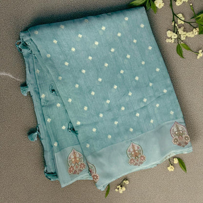 Powder Blue Soft Georgette Silk Saree with Silver Zari Weave