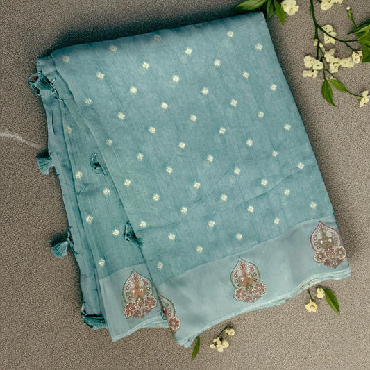 Powder Blue Soft Georgette Silk Saree with Silver Zari Weave