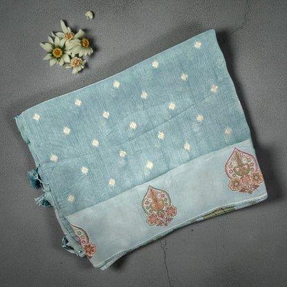 Powder Blue Soft Georgette Silk Saree with Silver Zari Weave