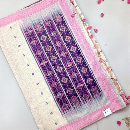Ivory and Purple Chanderi Cotton Saree