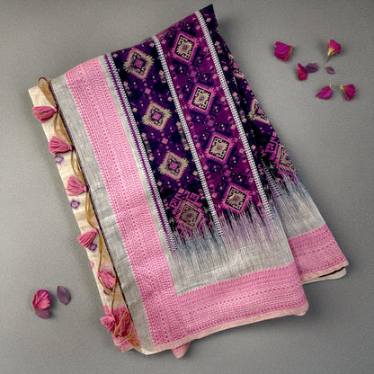 Ivory and Purple Chanderi Cotton Saree