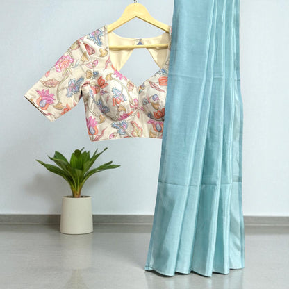 Aqua Blue Soft Silk Saree with Pastel embriodery Blouse