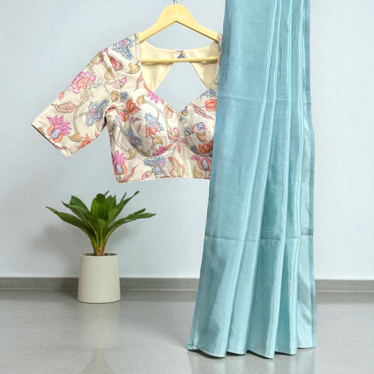 Aqua Blue Soft Silk Saree with Pastel embriodery Blouse