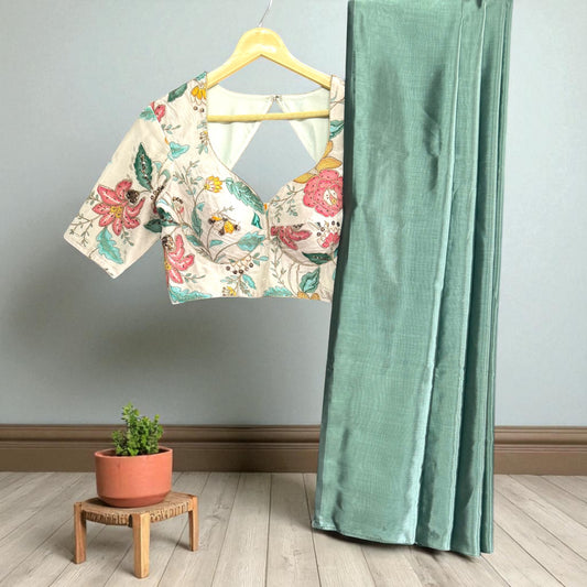 Mint Green Soft silk Saree with Floral Blouse