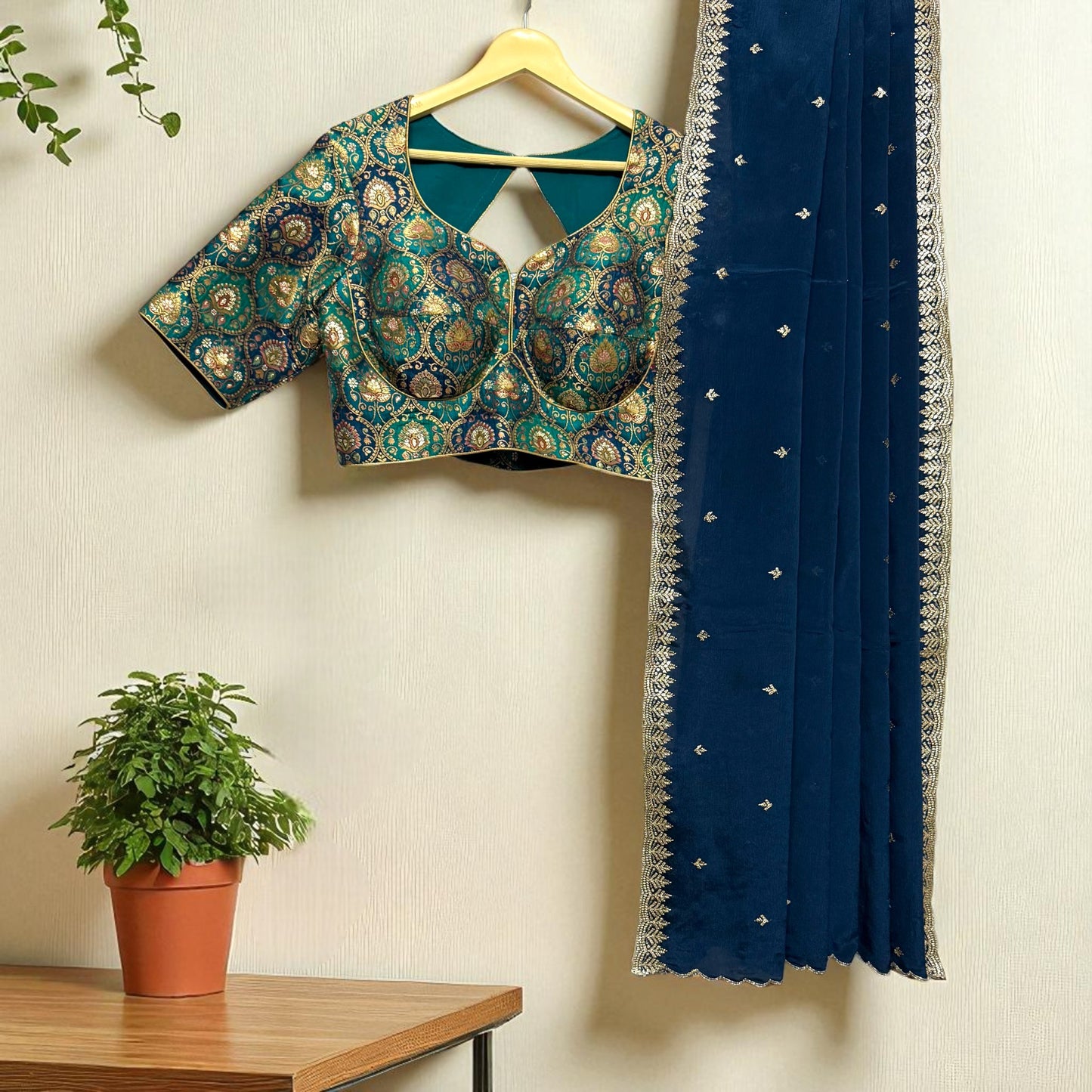 Royal Blue Saree with Green-Blue-Gold Brocade Blouse