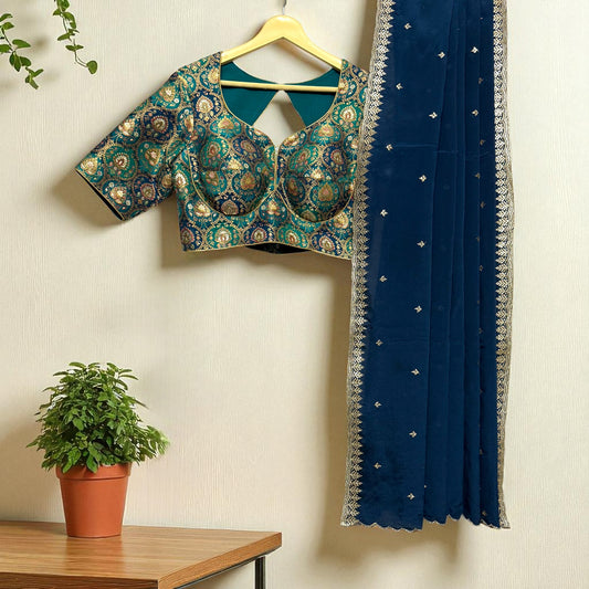Royal Blue Saree with Green-Blue-Gold Brocade Blouse