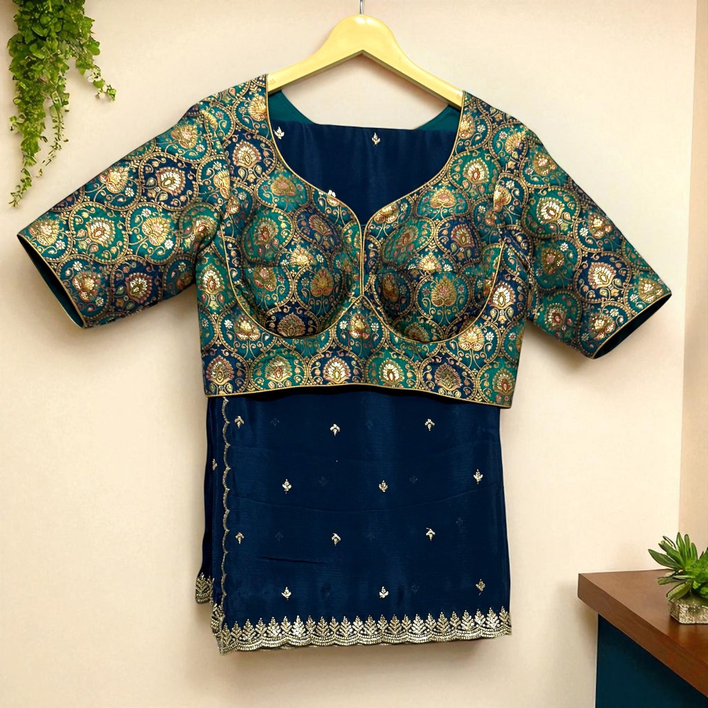 Royal Blue Saree with Green-Blue-Gold Brocade Blouse