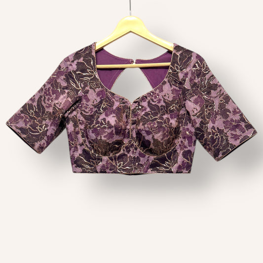Deep Plum Floral Crepe tissue blouse Blouse with Gold Accents