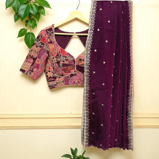 Wine colour Saree with Handcrafted Golden Zari Embroidered Blouse