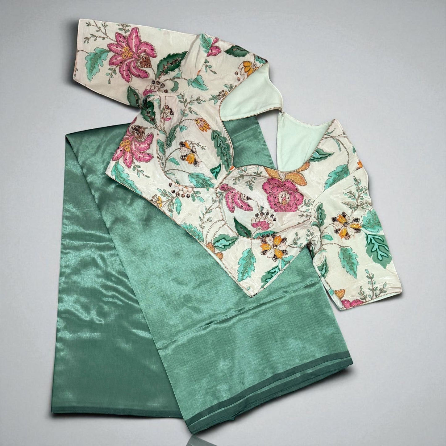 Mint Green Soft silk Saree with Floral Blouse