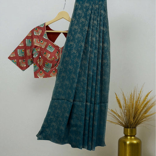 Teal Green Tissue Saree with Geometric Design Sequin Blouse